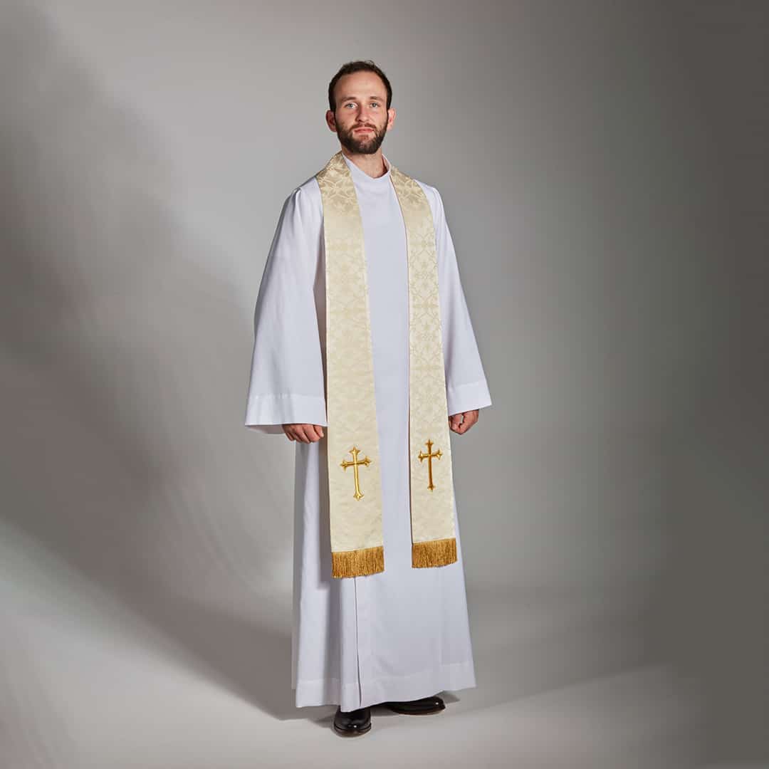 Stole Ely Brocade with Fleury Latin Cross and Fringe - 4 colour options - Image 4