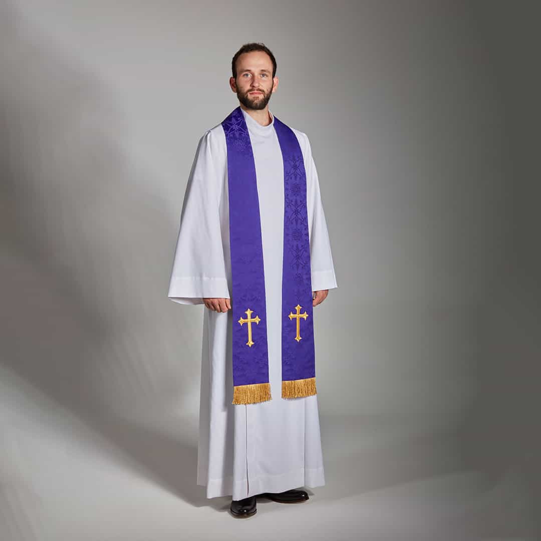 Stole Ely Brocade with Fleury Latin Cross and Fringe - 4 colour options