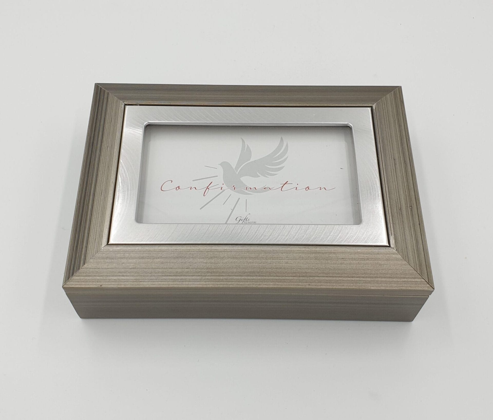 Confirmation Keepsake box. Grey/Taupe with faux wood grain finish