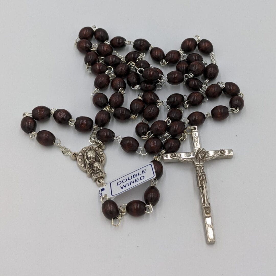 ROSARY BEADS - BROWN WOODEN DOUBLE WIRED