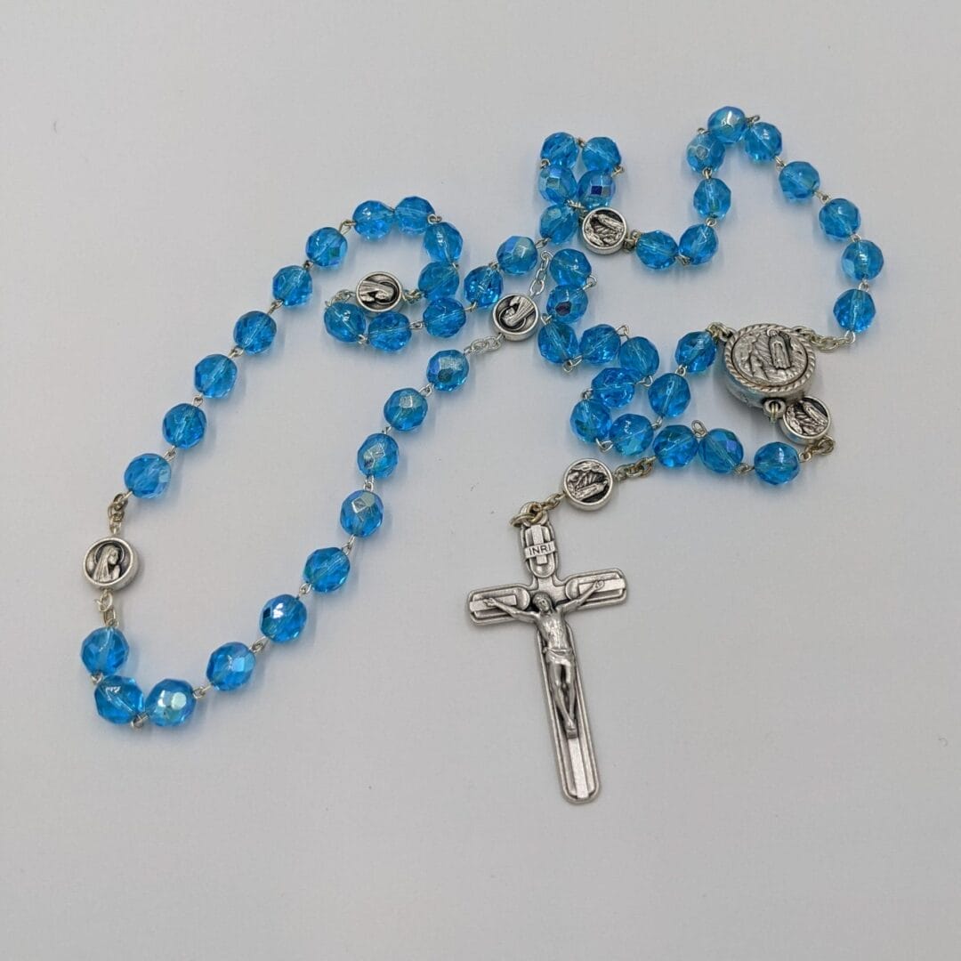 Rosary Beads, Blue Crystal with Lourdes water