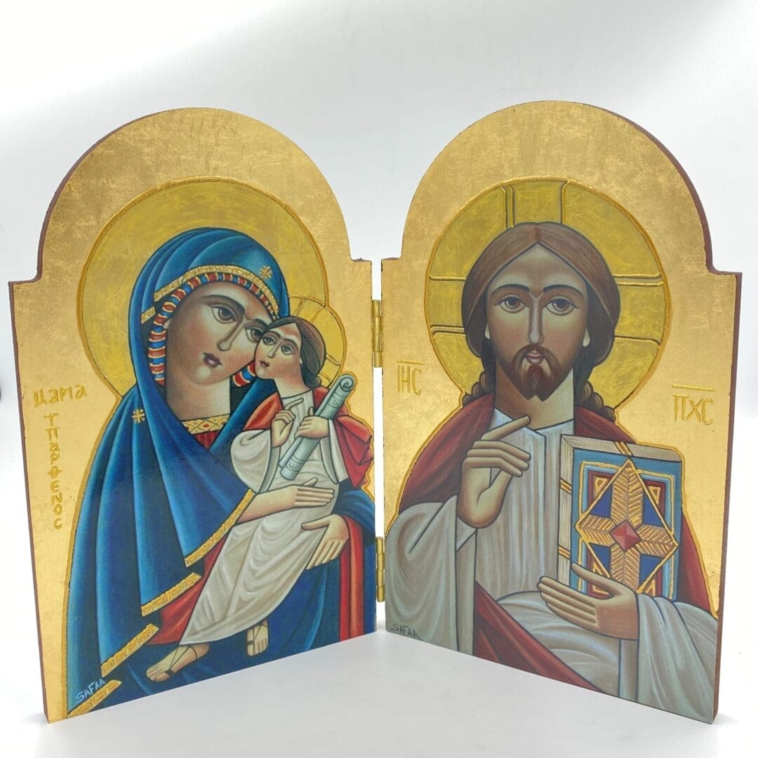 Coptic Bi-fold icon Christ the Preacher And Madonna and child.