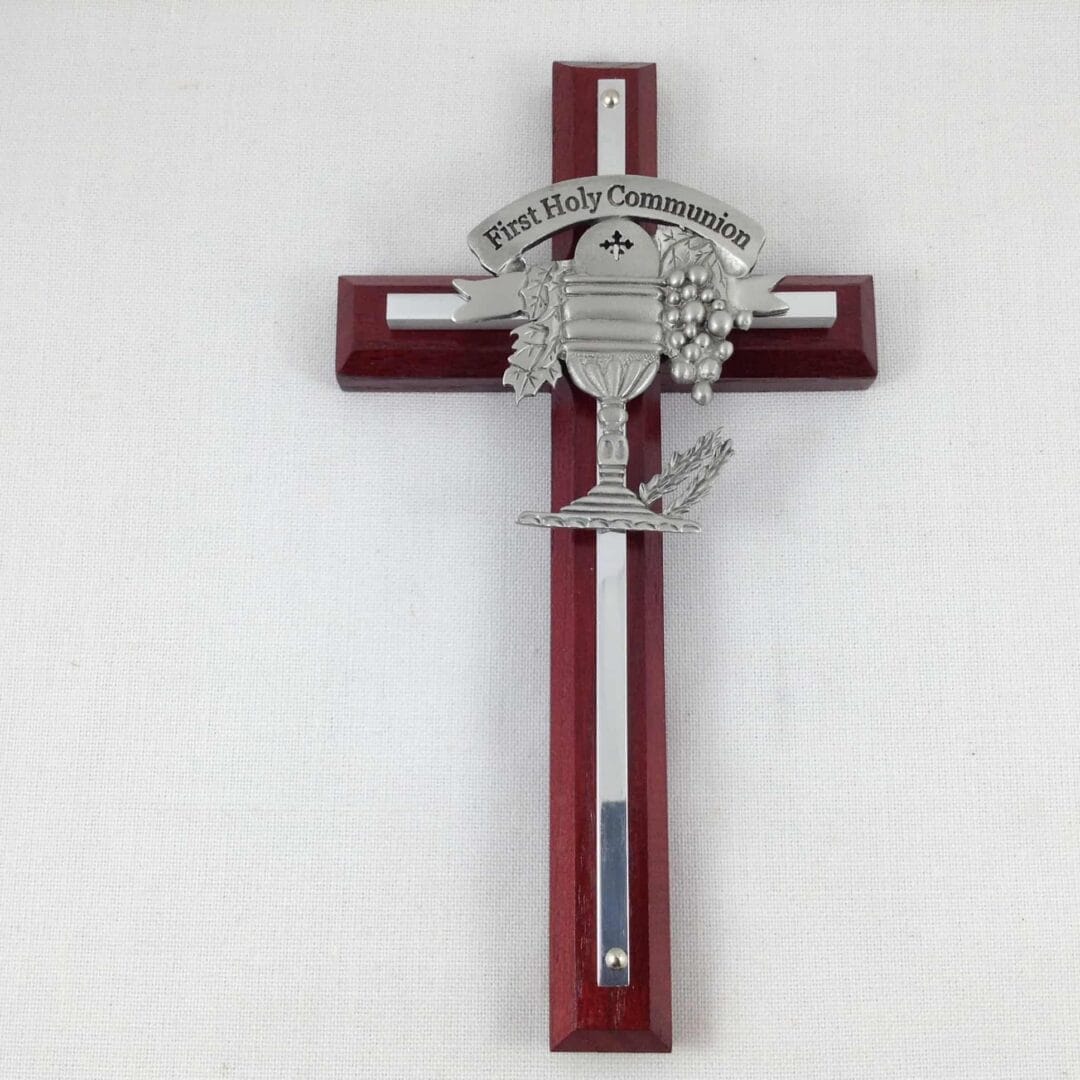 Communion Cross Cherry Wood w/ Pewter 7"
