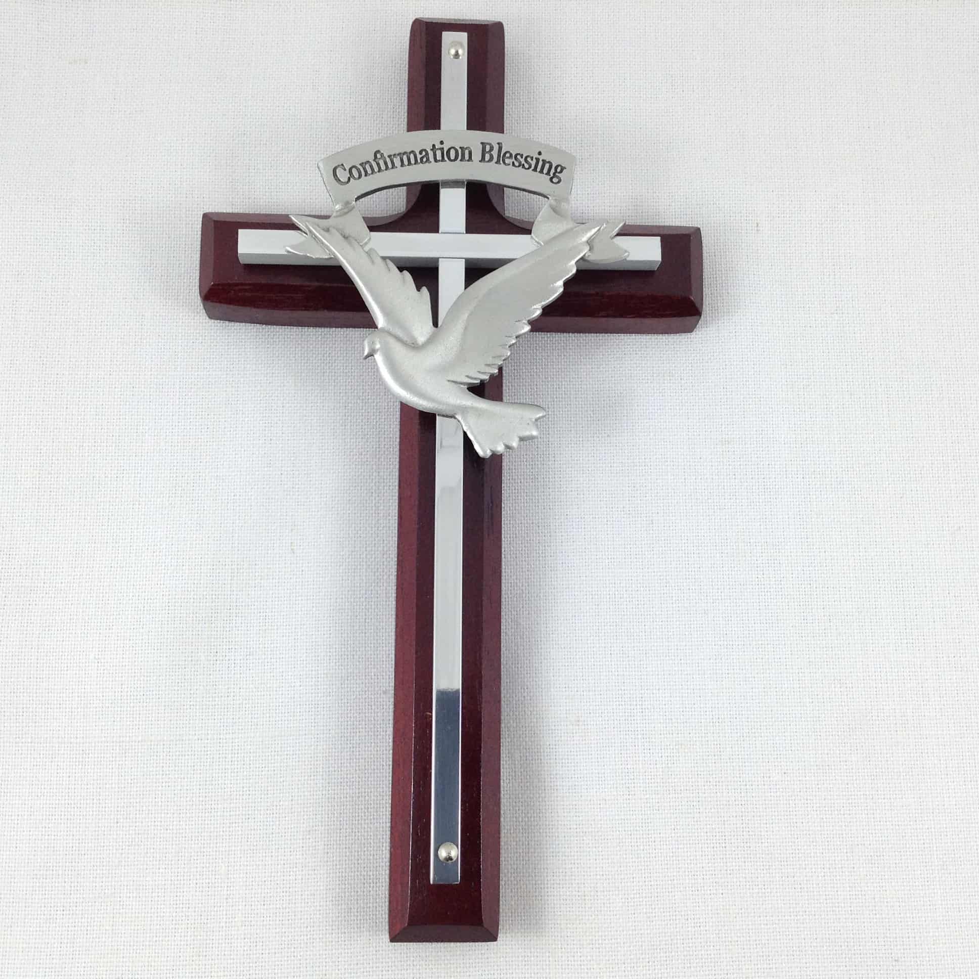 Confirmation Cross Holy Spirit 7" Cherry Wood with Pewter design